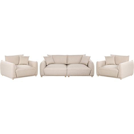 Set divano a 5 posti in velluto con cuscini decorativi e poltrone con gambe in legno beige Jubek