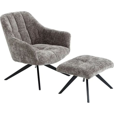 Fauteuil rotatif 360° et repose-pied tissu gris pieds métal – GILLIAN (1/5)