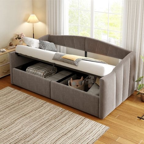 Polsterbett 90x200 cm mit hydraulischem Stauraum und Lattenrost, multifunktionales Sofabett Tagesbett mit Armlehnen aus Samtstoff, Grau (1/5)