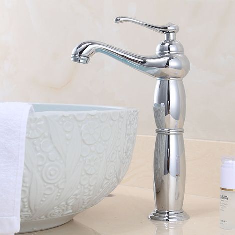 Retro europäischer Stil Messing Waschtischmischer, Armatur für Aufsatzwaschbecken im Badezimmer, klassisches silbernes Modell mit Schlauch-lsw