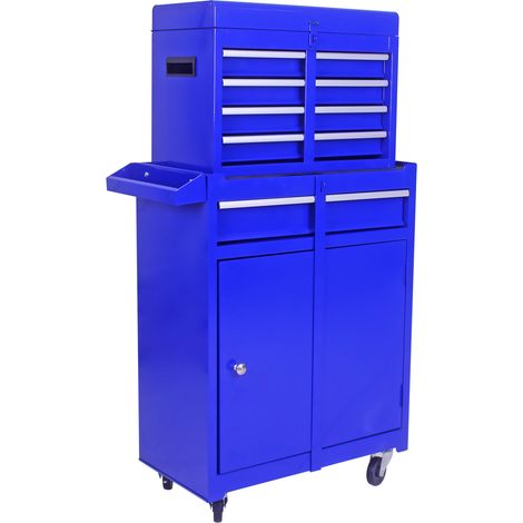 Carrello portautensili in acciaio con 5 cassetti, ruote bloccabili e ripiano regolabile, blu (1/5)