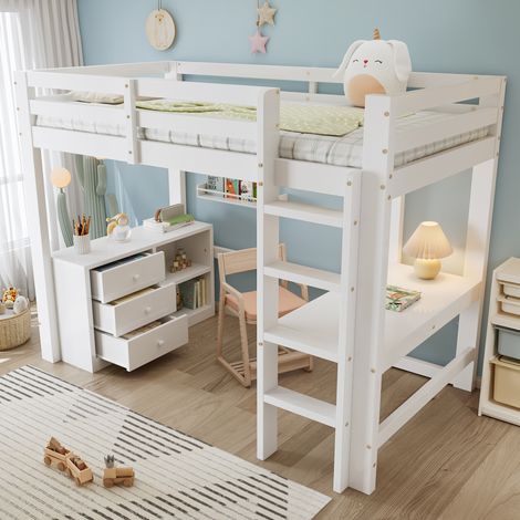 Letto a soppalco per bambini 90x200 cm bianco in legno massello e MDF con scrivania, cassetti e scaffale (1/5)