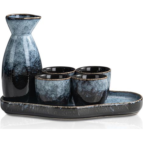Service à saké en céramique, 6 pièces. Set de saké avec 4 gobelets à saké de 35 ml, 1 pot à saké de 175 ml, 1 plateau, glaçage au four en porcelaine pour la maison, le (1/5)