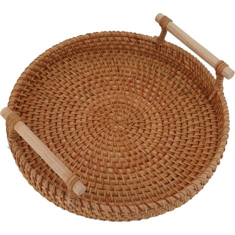 Plateau à fruits en rotin avec poignées en bois massif. Plateau de service rond tressé à la main, idéal pour ranger et présenter pains et fruits. (1/5)