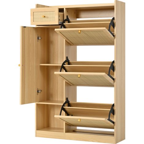Scarpiera stretta in rattan con 3 ante, cassetto e anta, naturale, 80,5 x 25 x 125 cm (1/5)