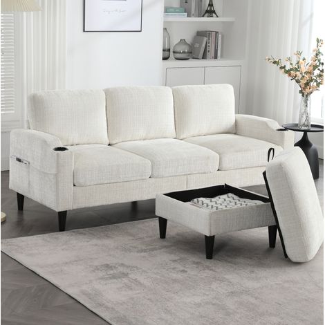 Sofá de 4 plazas con puff de almacenaje, chenilla beige DESVIAE (1/5)