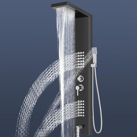 Panneau de douche avec robinet,5 Fonctions Noir Panneau Colonne Douche Pluie, Jets de Massage, Douchette, Bec de Baignoire et, Acier inox 304, Brossée (1/5)