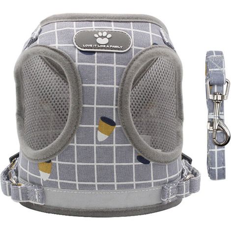 Harnais Chat pour Adulte, Colliers, Harnais et Laisses pour Chats Chihuahua, Harnais Chaton, avec Anti-Perte Pendentif D'adresse et Grelots pour Chat, Xl－carreaux gris (1/5)