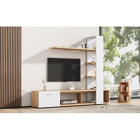 Meuble TV mural blanc et bois 180 cm avec étagères murales et rangements pour téléviseur jusqu'à 60 pouces (1/5)