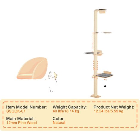 Árbol rascador para gatos, cuatro niveles, diseño para montaje en pared, 6,7 x 6,7 x 73 pulgadas. (1/2)
