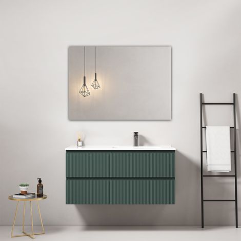 Mobile bagno sospeso cannettato 100 cm Verde Comodoro Lavabo a Destra in Ceramica Specchio Quadro - Fiji Paint