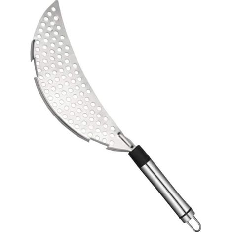 Filtro de cocina en acero inoxidable en forma de media luna con mango, muy resistente y compatible con la mayoría de ollas y sartenes (caja plegable blanca).