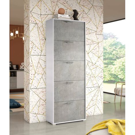 Dmora Meuble à chaussures Surfinia, Meuble d'entrée polyvalent avec 5 portes abattantes, Meuble à chaussures double profondeur, Fabriqué en Italie, Cm 67x28h183, Blanc et Béton, avec emballage renforc (1/4)