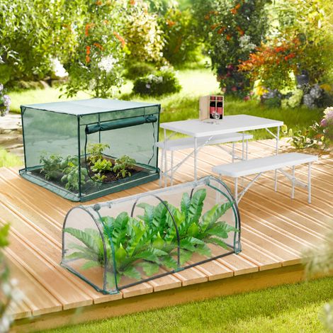 Set da giardino rialzato (3 pezzi) - Serra in alluminio, tavolo pieghevole regolabile e zanzariera di copertura (1/5)