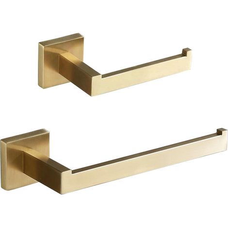 Porte-Rouleau de Papier Toilette doré + Porte-essuie-Mains, Ensemble d'accessoires de Salle de Bain doré brossé, Support Mural pour Papier Toilette, Barre Porte-Serviette, Acier Inoxydable (1/5)