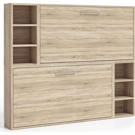 Les Tendances – Lit escamotable superposé 90x190 cm – Chêne 3D – 2 couchages avec rangements – Système de sécurité anti-basculement (1/5)