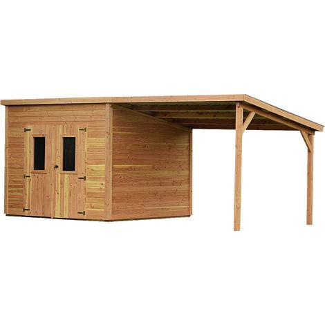 HABRITA Abri de jardin bois douglas avec bûcher 7,53 m² - madriers 28 mm - toit monopente acier
