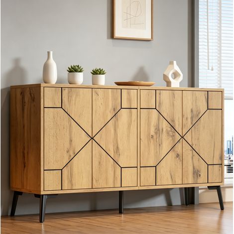Buffet 4 portes 120 x 35 x 69 cm avec mécanisme à pression, MDF et métal, naturel HAVRYA (1/5)