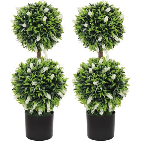 Set of 2 Decorative Artificial Plants Ball Trees with Lavender Flowers in Pot Fake Plants for Home Indoor Outdoor Decor, 70cm, White (1/5)