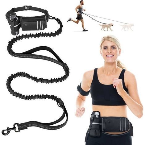 Laisse pour Chien Mains Libres avec Sac de Ceinture, 140-170 cm Laisse Chien de Course, Ceinture Réglable - Noir (1/5)