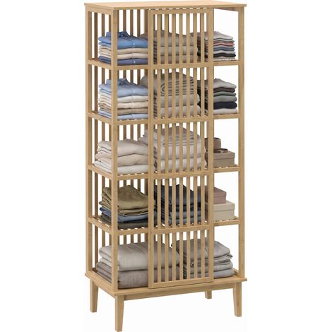 Irovami Armoire-penderie en bambou à 5 niveaux avec porte coulissante, design ajouré, bois naturel (1/5)