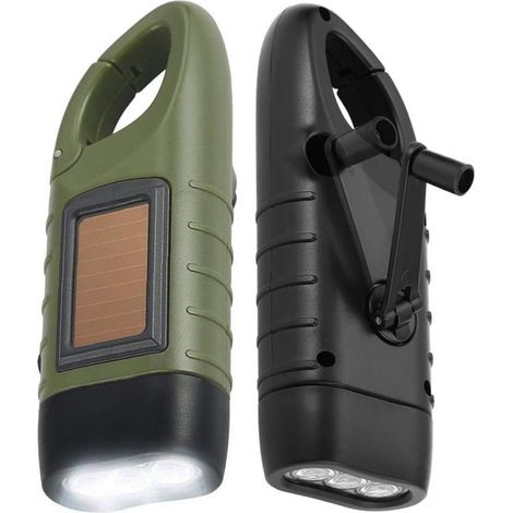 Lot de 2 lampes de poche rechargeables – LED – Vert foncé et noir – Dynamo et solaire – Camping et urgence (1/5)