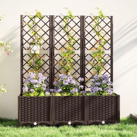 Jardinière avec treillis lit surélevé de jardin jardinière extérieure avec 8 trous de drainage 120 x 40 x 135 cm marron (1/5)