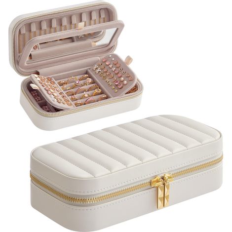 Reise-Schmuckkästchen mit Spiegel, 10,4 x 20,3 x 6 cm, genäht, tragbar, Weihnachtsgeschenk, Wolkenweiß UJBC180W01