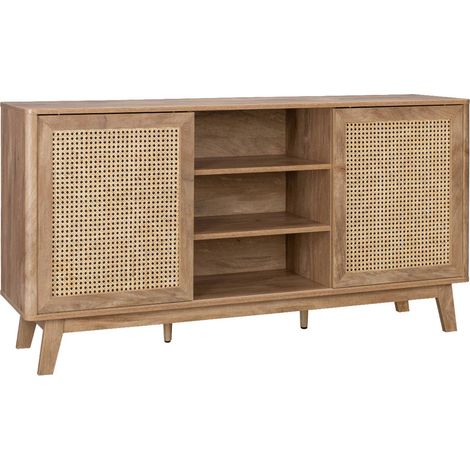 sweeek - Sideboard mit 2 Schiebetüren und Regalen in Holzoptik mit Rattan-Geflecht, 150cm