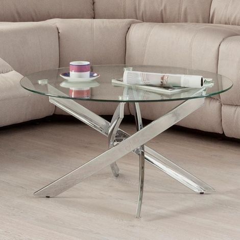 Mesa de centro redonda DALILA cristal templado y pies de acero pulido (1/2)