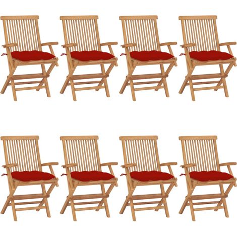 Teenpull – Gartenstühle mit Roten Kissen 8 Stk. Massivholz Teak (1/5)