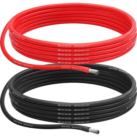 Fil de Silicone de Calibre 8, 8.29 m㎡ 8 AWG Câble électrique 5m(2.5m Rouge+2.5m Noir), Faible Impédance Douce et Flexible 0.08 mm 1650 Torons Fil de Cuivre pour Voiture RC/Drone/Projets Arduino (1/5)