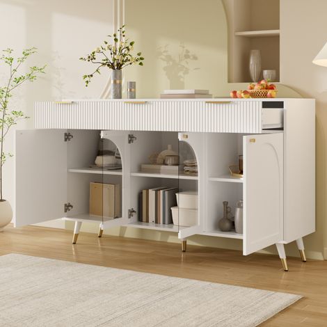 Buffet 140x40x85.5 cm quatre portes, trois tiroirs, avec portes d'armoire en acrylique transparent et poignées en métal blanc (1/5)