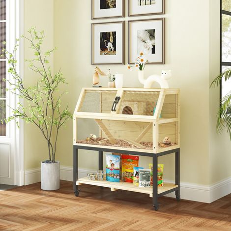 Jaula de madera para hámster enano con compartimento de almacenamiento, ruedas, rampas, bebedero, casita, balancín, 87 x 43 x 101 cm
