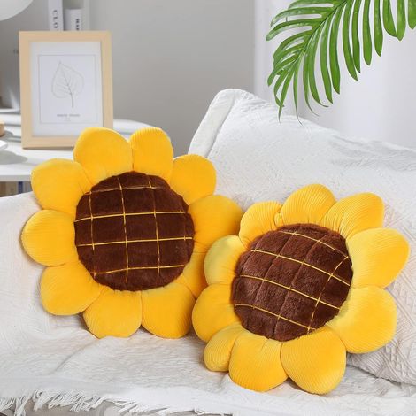 Lot de 2 coussins de sol 3D tournesol de 38 cm - Coussins décoratifs jaunes en peluche pour canapé, lit, voiture, chaise de bureau - Jolis coussins en forme de tournesol, un choix idéal pour les fille