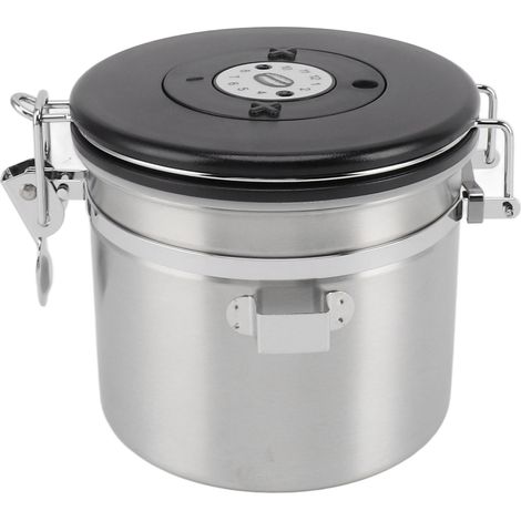 Boîte à café hermétique 1,2 L en acier inoxydable 304 avec cuillère en acier pour le stockage des grains de café, du thé, de la farine, des céréales et du sucre (couleur argent). (1/5)