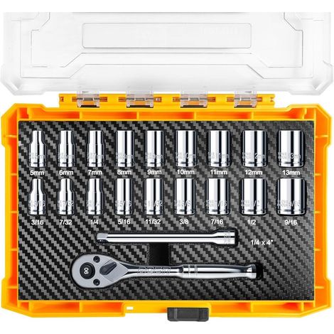 20-tlg Steckschlüssel-Set 1/4" mit 90-Zahn-Ratsche, SAE & metrisch, Chrom-Vanadium-Stahl, Aufbewahrungsbox (1/5)
