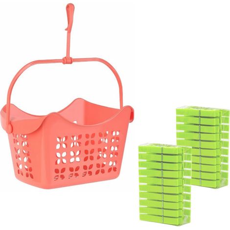 1 panier à pinces à linge couleur rose saumon inclus 40 pinces à linge couleur vert panier suspendu avec poignée et crochet de suspension, plastique PP, L 24 x l 14,5 x H 13 cm (1/5)
