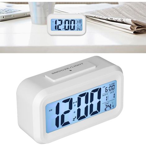 Großer digitaler LCD-Wecker mit lichtempfindlichem Alarm und Schlummerfunktion, weiß. (1/5)