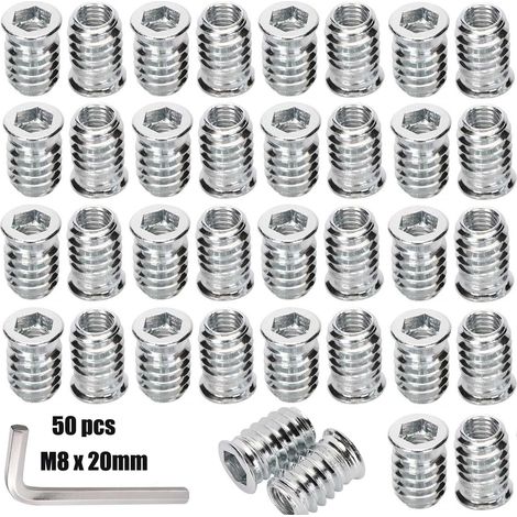 Lot de 50 écrous à visser M8 x 20 mm, insert fileté en bois, manchons filetés, douille à visser, en alliage de zinc, écrou à enfoncer, six pans creux, pour meubles en bois (1/5)