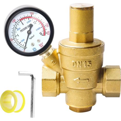 1/2" DN15 Water Pressure Reducer with Pressure Gauge, Brass Water Pressure Reducer, Adjustable Water Pressure Regulator, 1.6MPa Pressure Reducer and Adjusting Tool for Valve (1/5)
