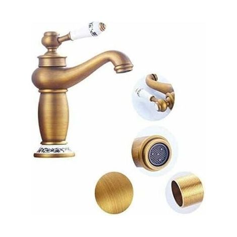 Robinet Lavabo Vintage Laiton Céramique Bicolore Bleu Blanc - Mitigeur Eau Chaude Froide (1/5)
