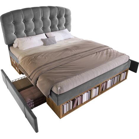 Cama doble 140x200 de terciopelo gris con somier, cabecero ajustable y cajones (1/5)