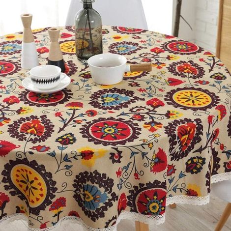 Tovaglia rotonda in lino, decorazione per la tavola, cotone e lino antipiega, 120 cm, fantasia floreale boho (1/5)