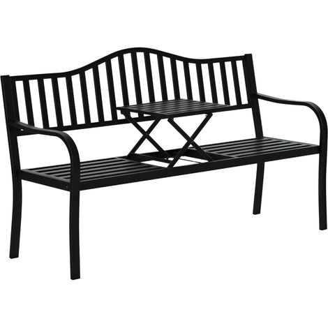 Banc de jardin 2 places noir Outsunny robuste, équipé d'une table extensible, dossier et accoudoirs confortables, charge maximale 240 kg. Dimensions 150×58,5×90 cm, parfait pour aménager terrasse et e (1/5)
