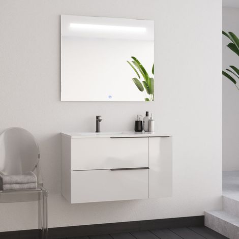 Meuble de salle de bain 80cm avec vasque déportée - blanc - KING et miroir STAM (1/5)