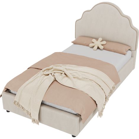 Kinder Einzelbett 90 x 200 cm aus Leinen mit Gepolstertem Kopfteil, Lattenrost Inklusive, ohne Matratze, Beige