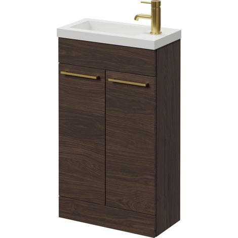 Napoli 250 Brown Oak 500mm 2 Door Vanity Unit with Square Silvo Basin - 500mm - Brushed Brass 160mm Handle
