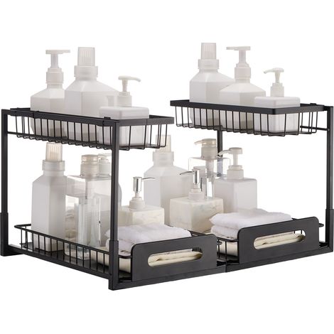 VEVOR Organizador de Gabinete Extraíble 2 Niveles 270x360 mm 2 Piezas Debajo del Fregadero, con Cajón Deslizable, Estante Deslizante de Canasta de Alambre, Negro, Tamaño de Instalación 648x394x330 mm