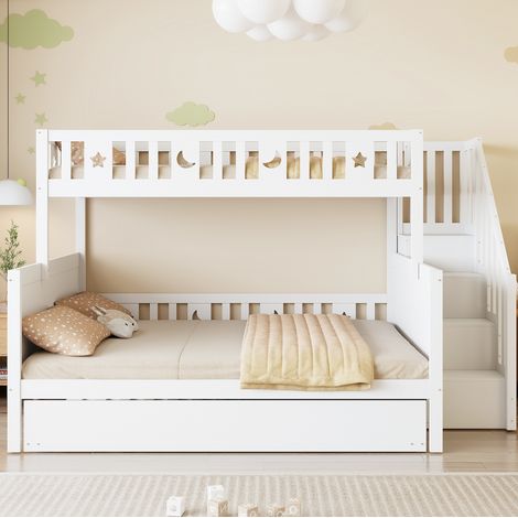 Letto a castello per bambini 90x200/140x200 con scala contenitore, letto estraibile, bianco HAVRYA (1/5)